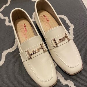 Cream white loafers with gold buckles for work